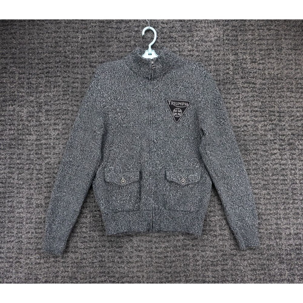 Triumph Motorcycles Lucky Brand Cardigan Sweater Mens Medium Gray Full Zip Patch